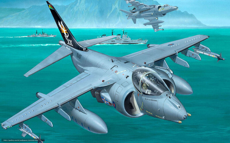 Harrier jet over naval fleet