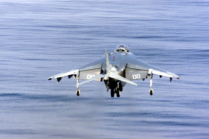 Harrier jet over ocean