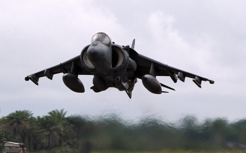 Harrier Jump Jet — Gray, Dramatic, Photograph, Aircraft, Palm Trees