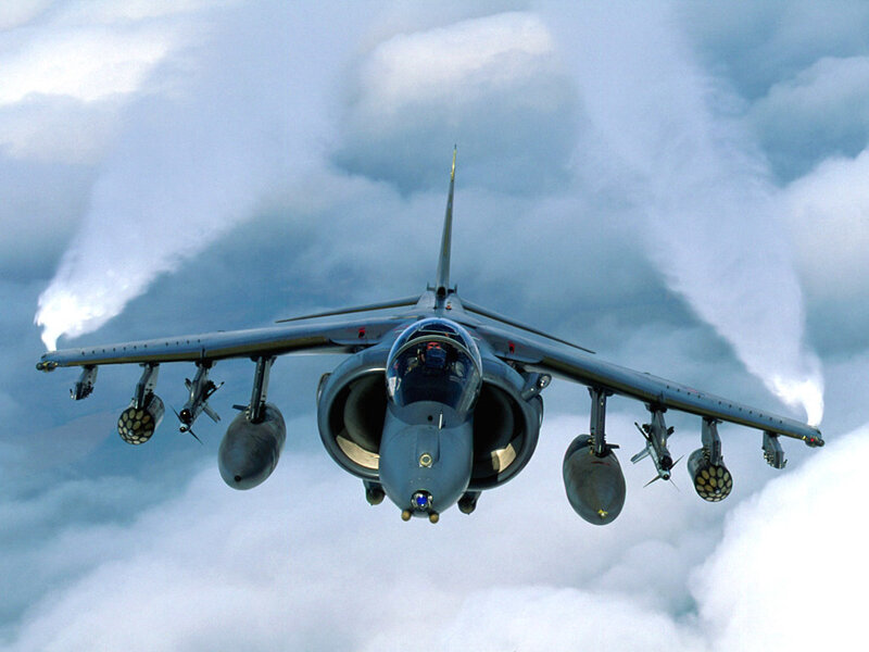 Harrier Jump Jet — Gray, Dramatic, Photograph, Clouds, Weapons