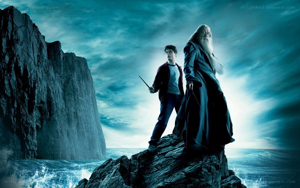 Harry Potter and Dumbledore on a cliff
