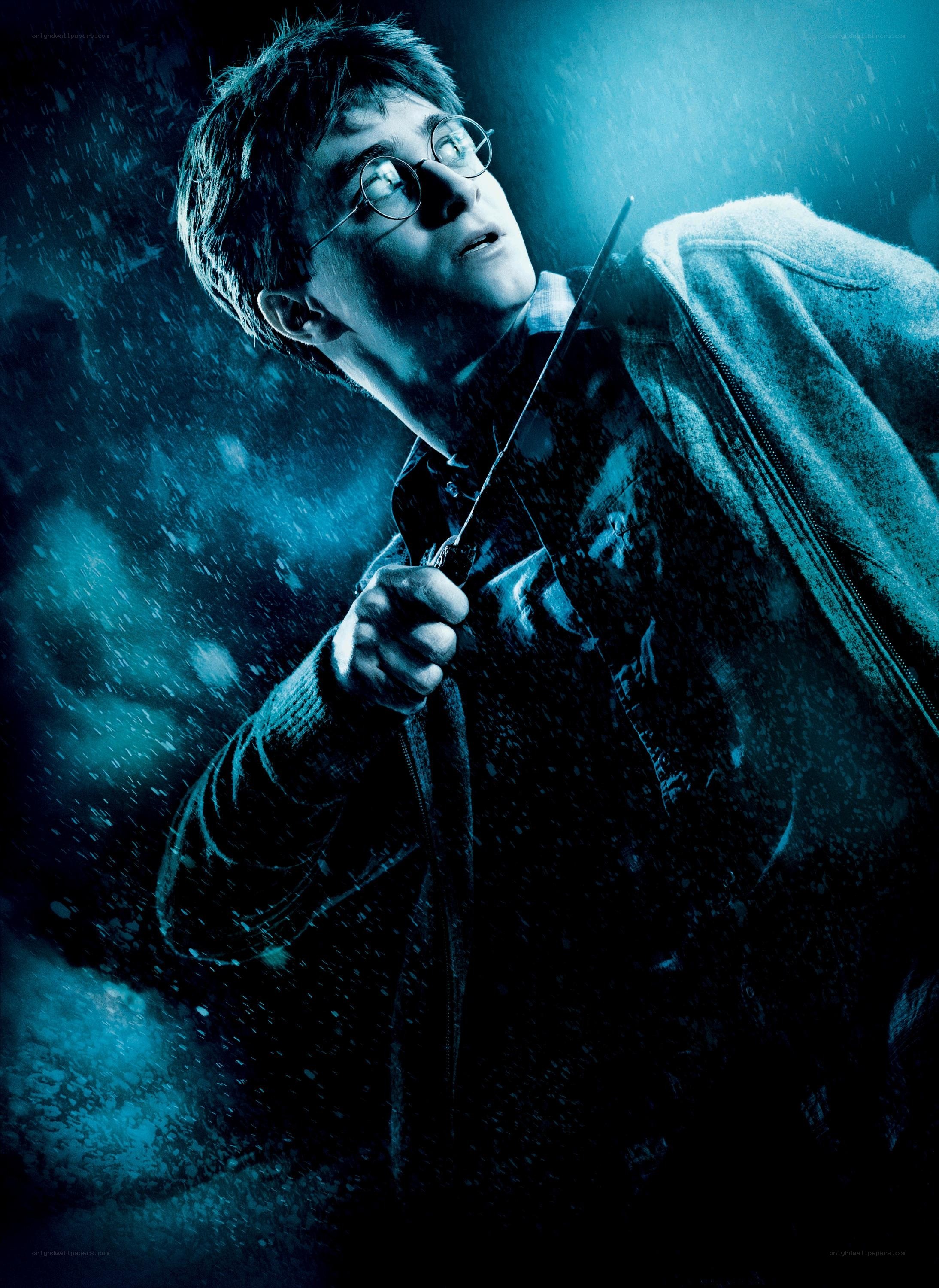 Harry Potter with wand in storm