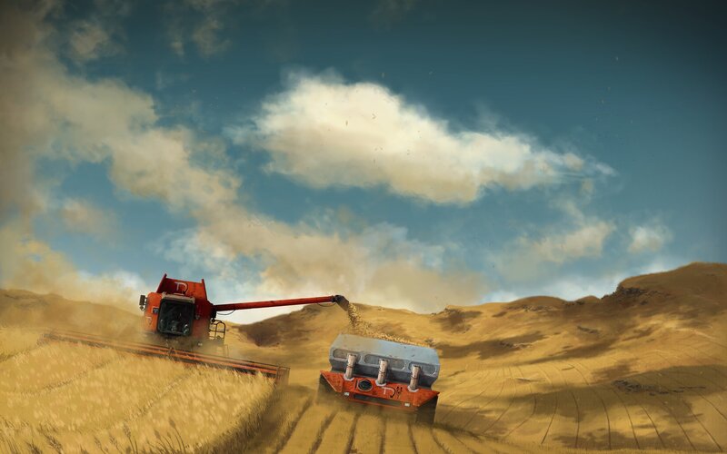 Harvester in Wheat Field — Yellow, Dramatic