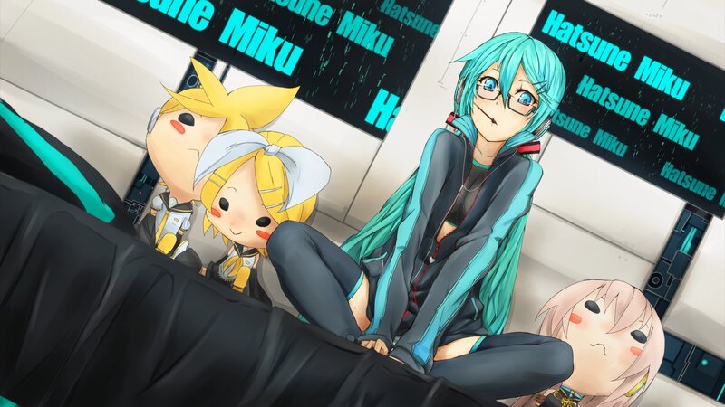 Hatsune Miku and friends in a futuristic setting