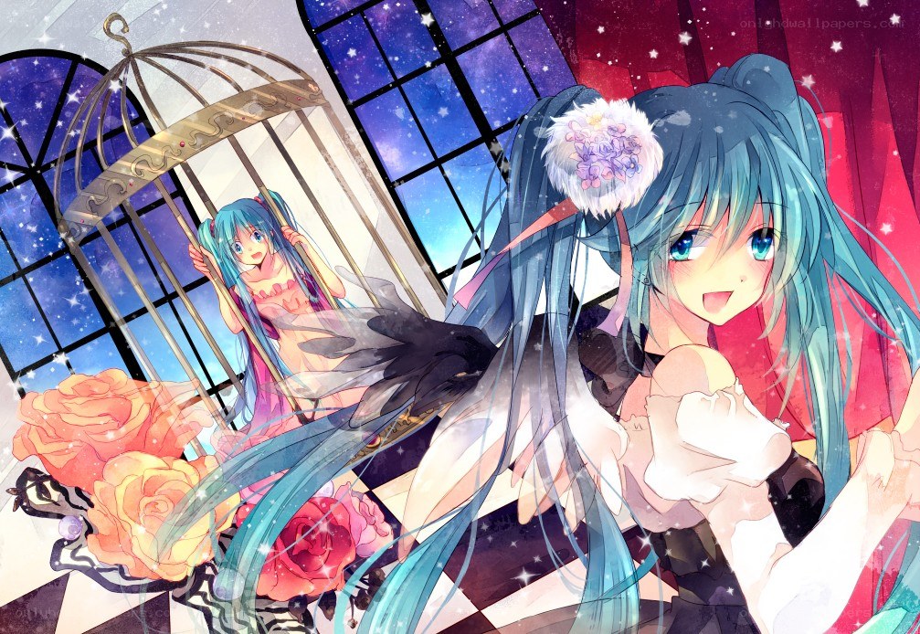 Hatsune Miku in a birdcage