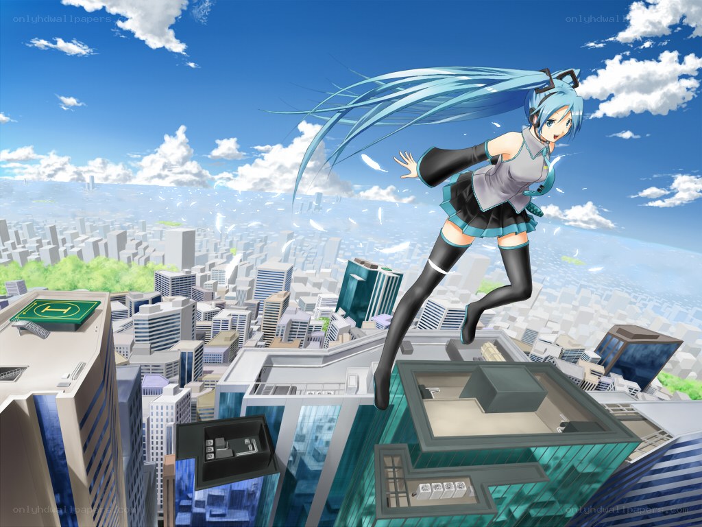 Hatsune Miku leaps over city