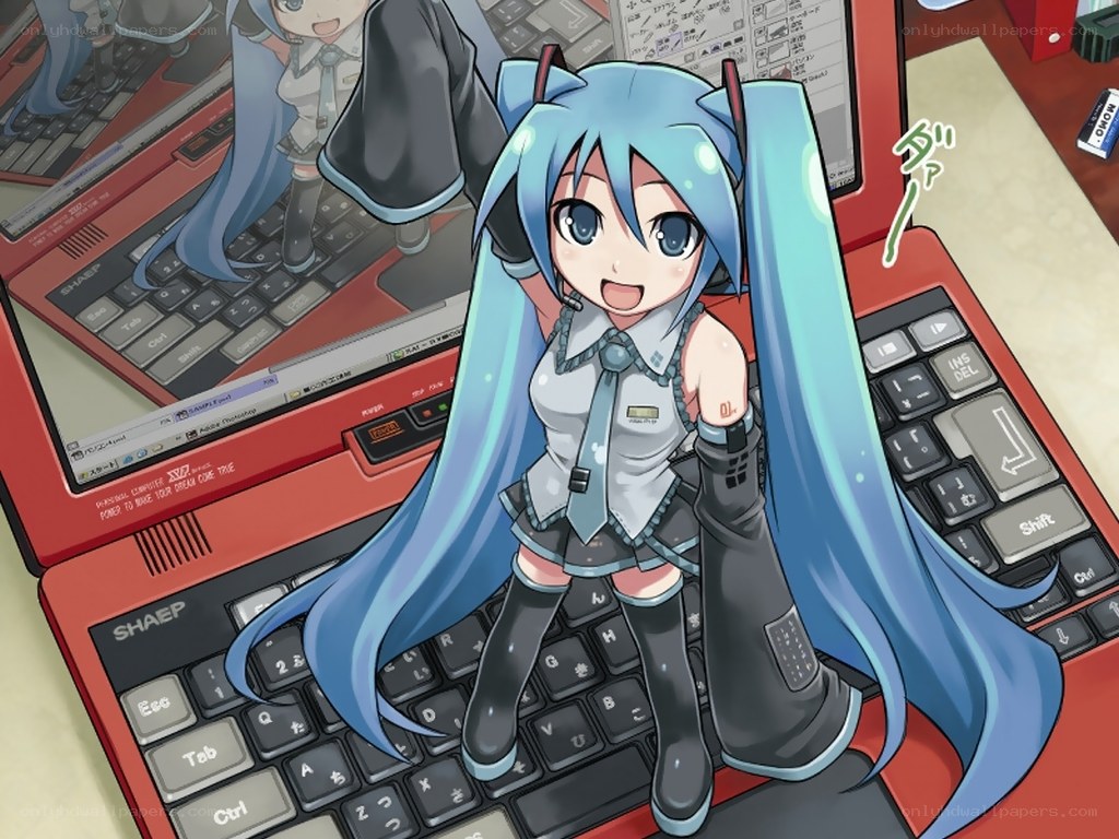 Hatsune Miku on a laptop