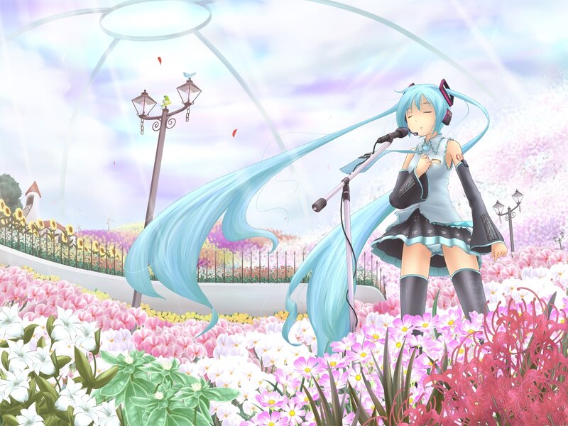 Hatsune Miku singing in a flower field