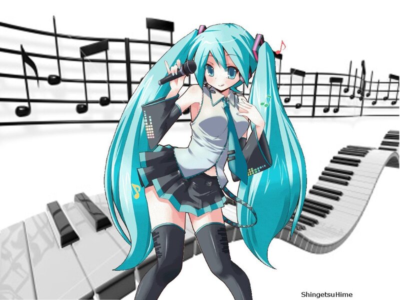 Hatsune Miku singing on piano