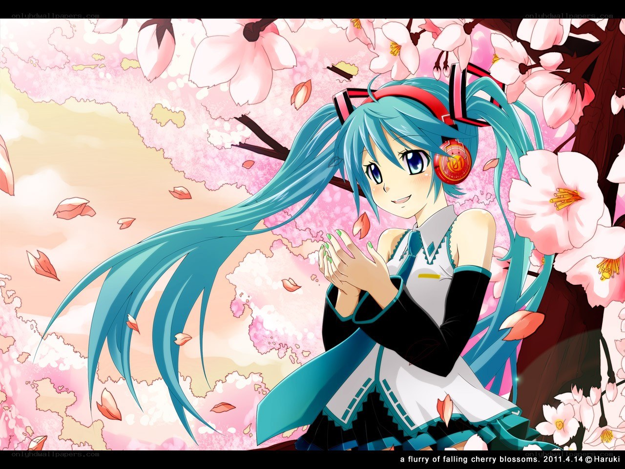 Hatsune Miku under cherry blossoms