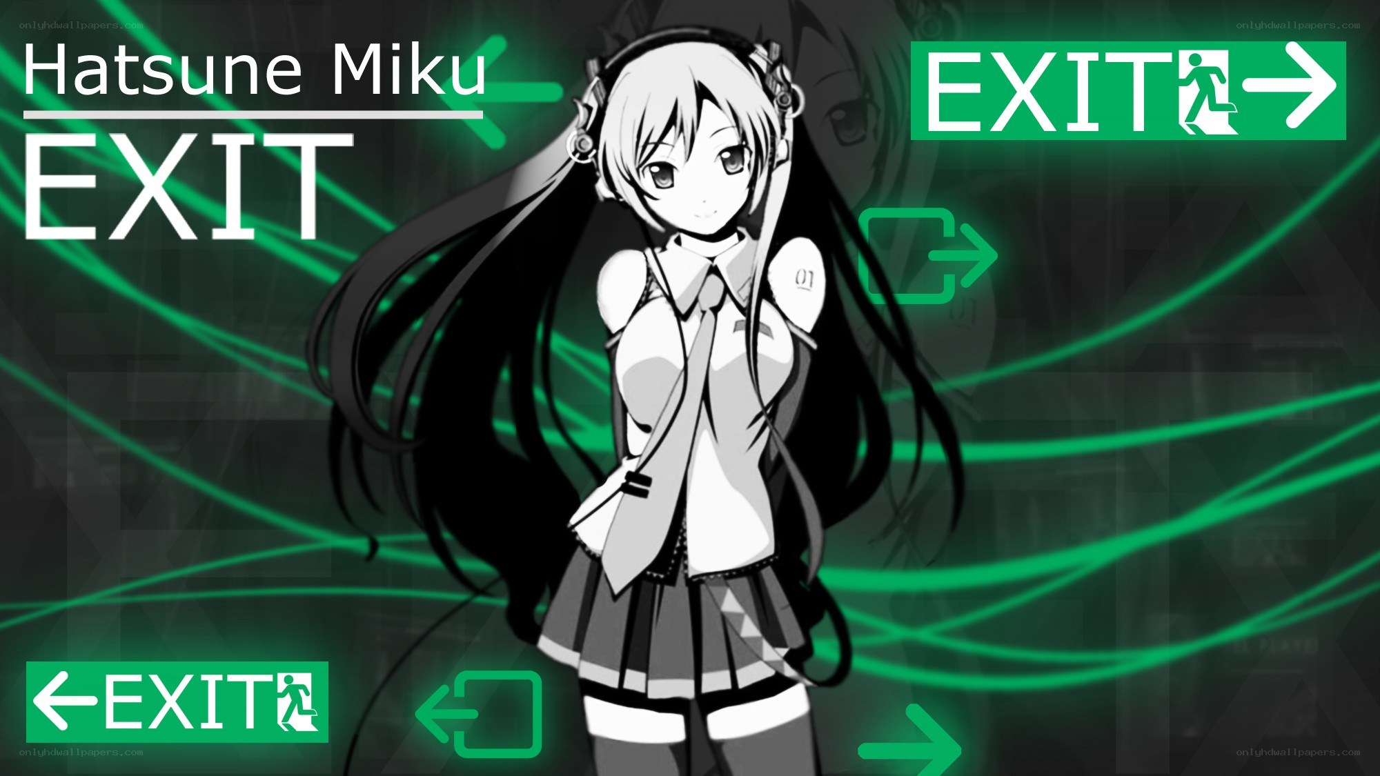 Hatsune Miku with exit signs