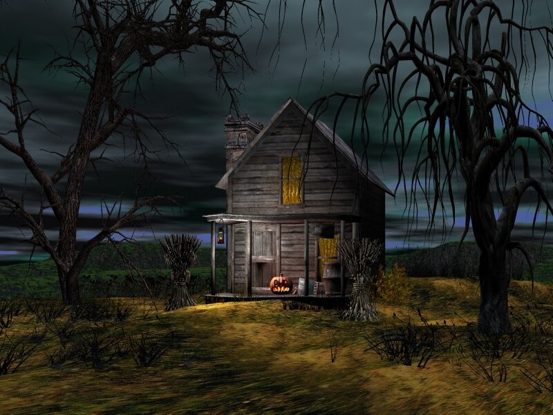 haunted cabin at night