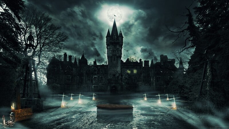 Haunted Castle at Night — Black, Dark, Digital Art, Moon, Cemetery
