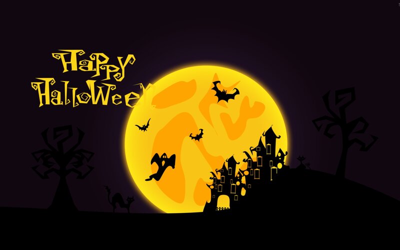 Haunted Castle at Night — Black, Spooky, Digital Art, Moon, Bats, Ghost