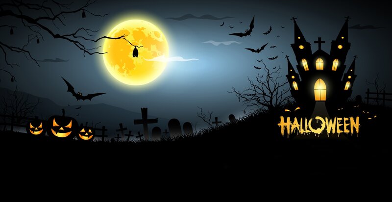 Haunted Castle at Night — Black, Spooky, Digital Art, Moon, Bats, Pumpkins