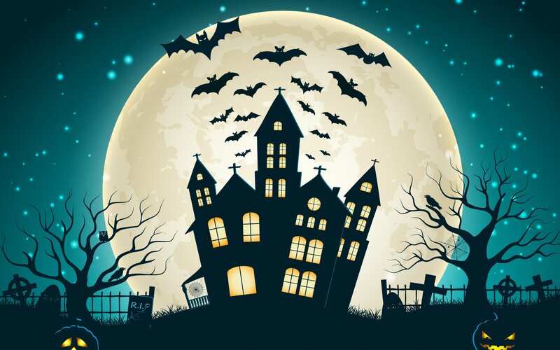 Haunted Castle at Night — Black, Spooky, Digital Art, Moon, Bats