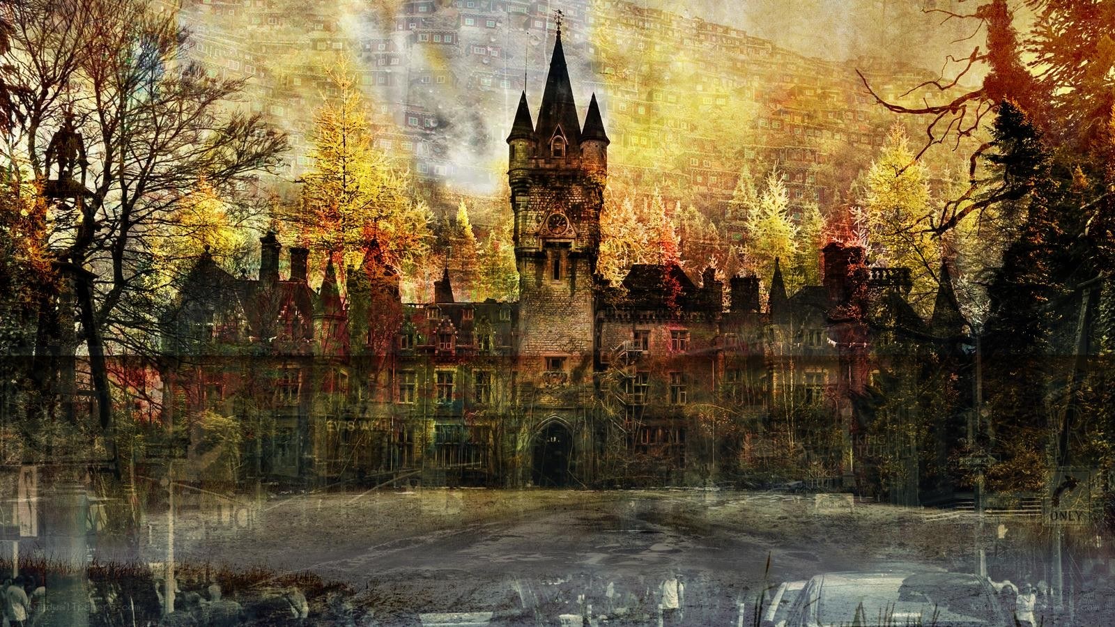 haunted castle in autumn forest