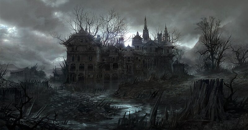 haunted castle in desolate landscape