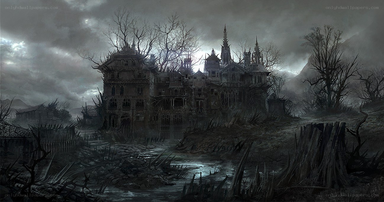 haunted castle in desolate landscape
