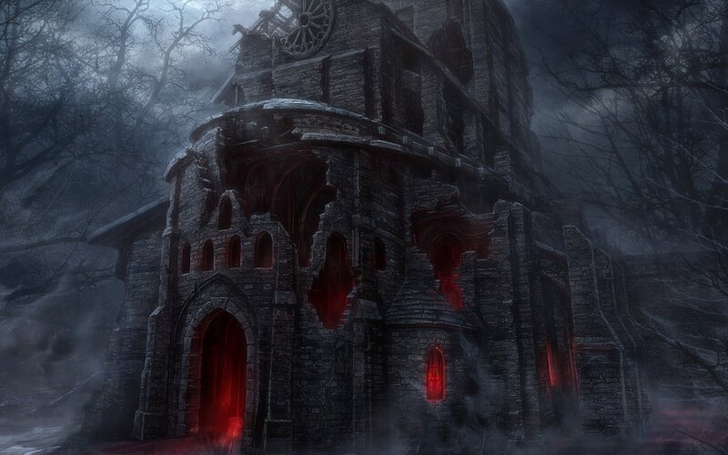 haunted castle in mist
