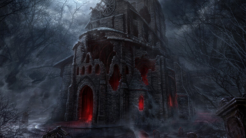 haunted castle in mist