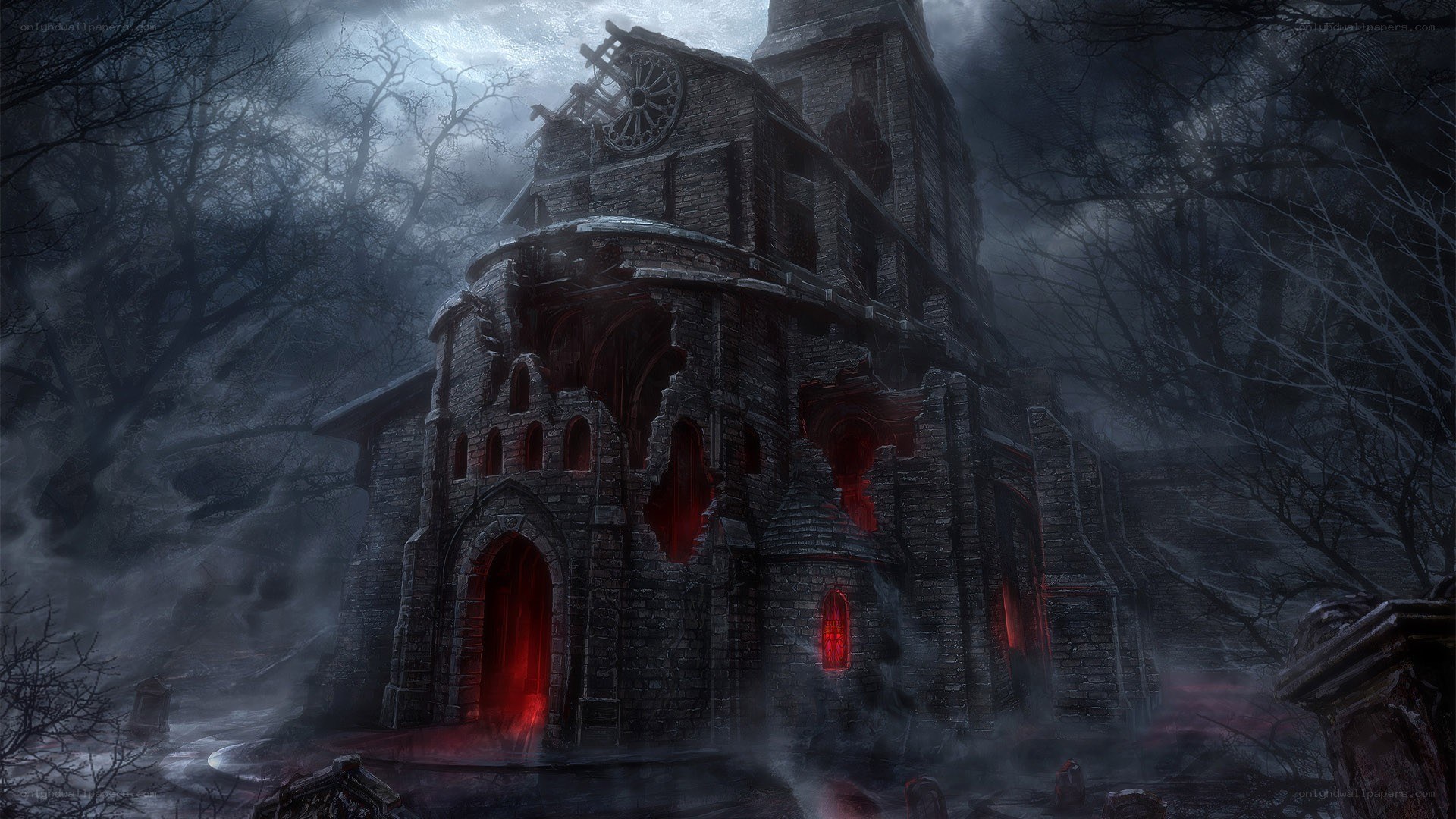 haunted castle in misty forest