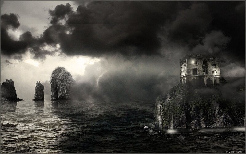 haunted castle on a rocky island