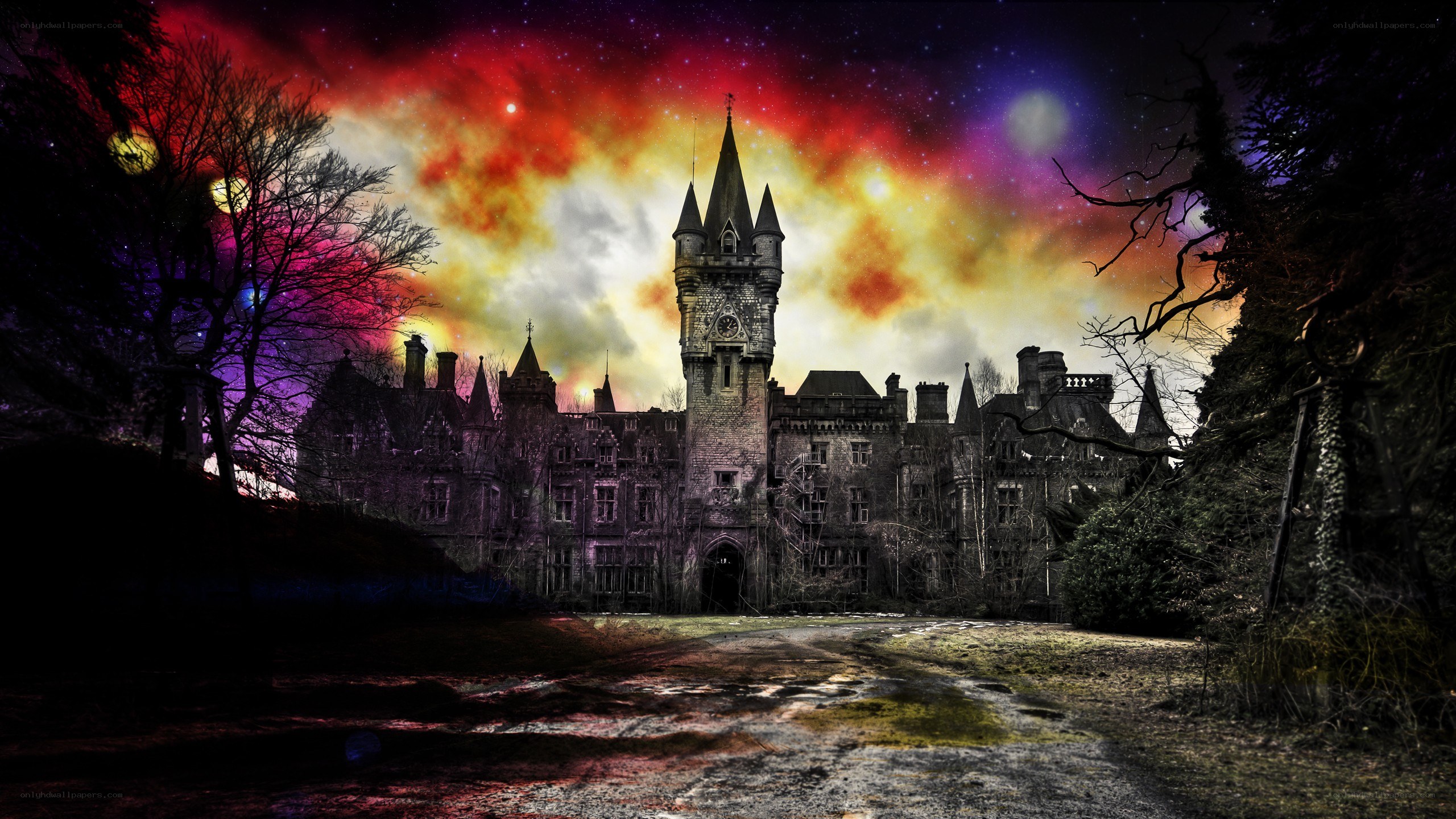 haunted castle under colorful sky