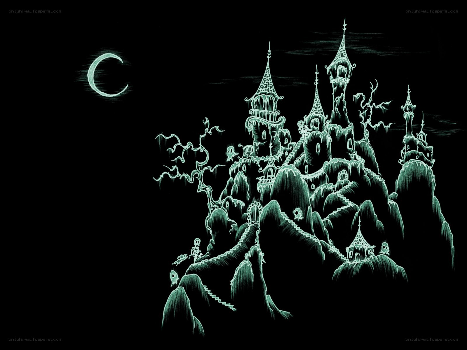 haunted castle under crescent moon