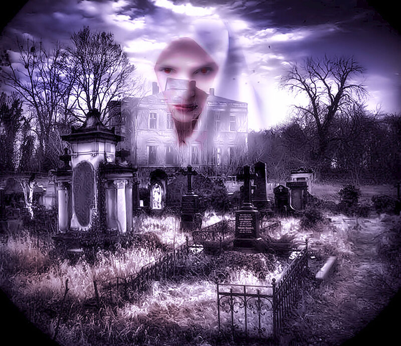 haunted cemetery with ghostly face