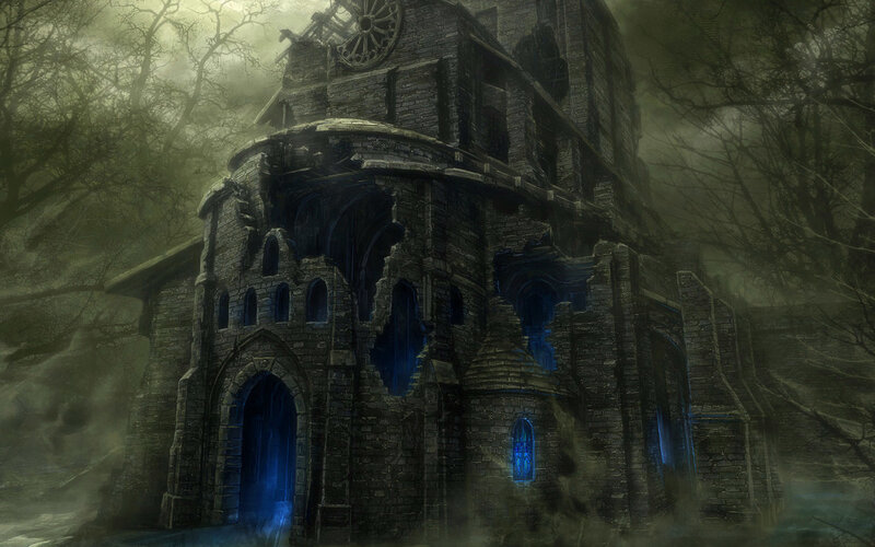 haunted church in misty forest