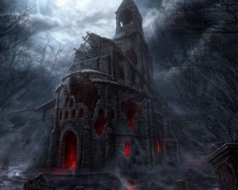 haunted church in misty forest