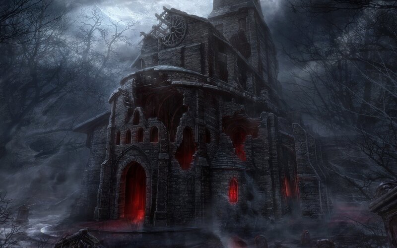 haunted church in misty forest