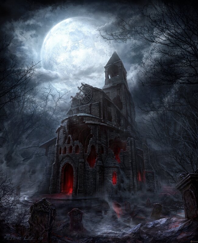 haunted church under full moon