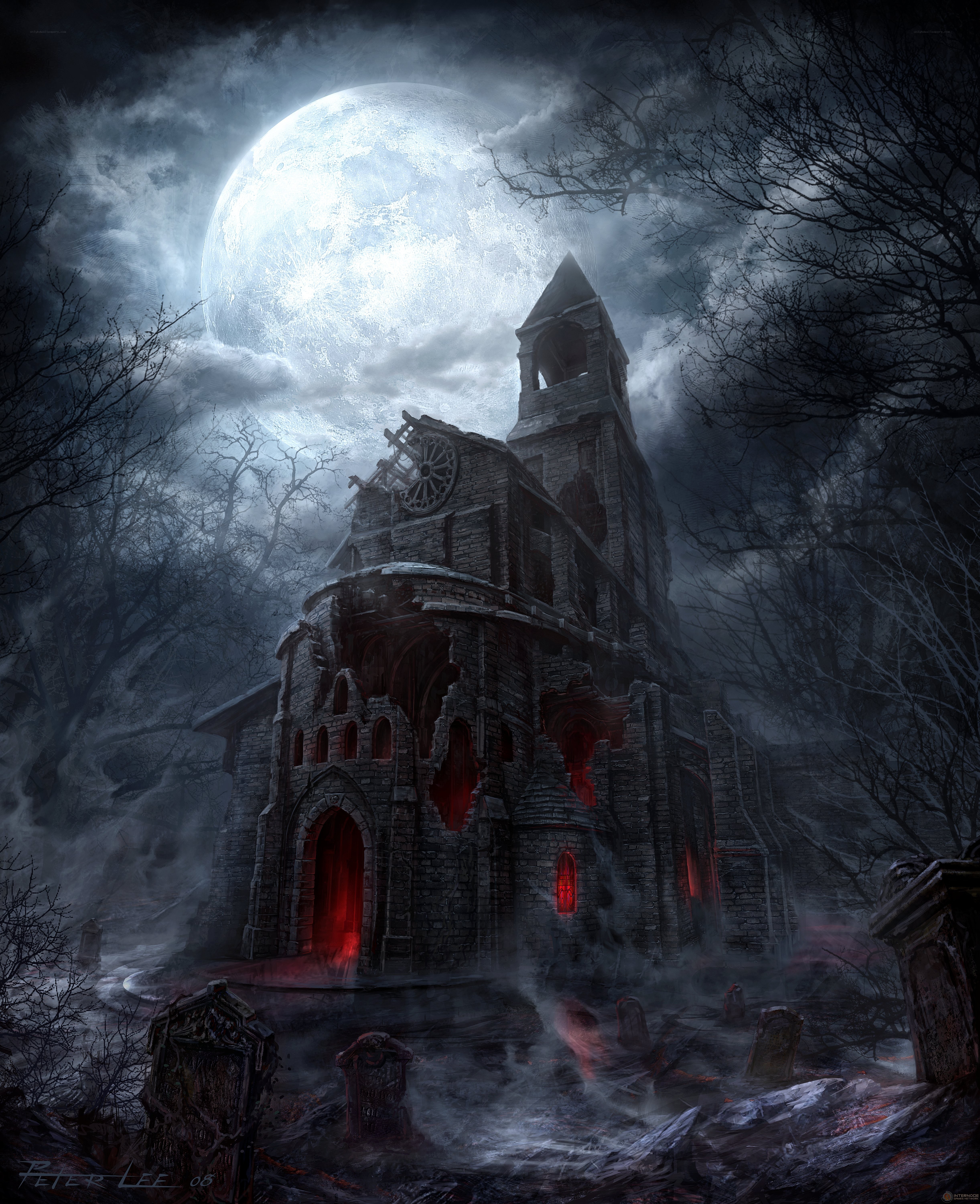 haunted church under full moon