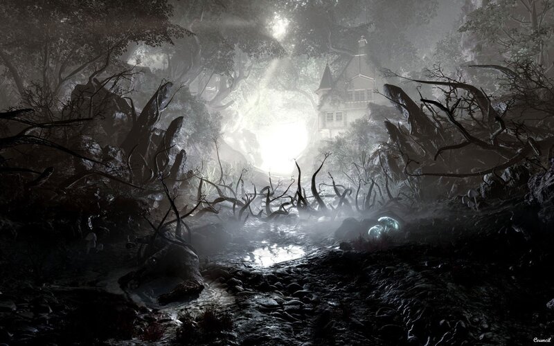 haunted forest with glowing house