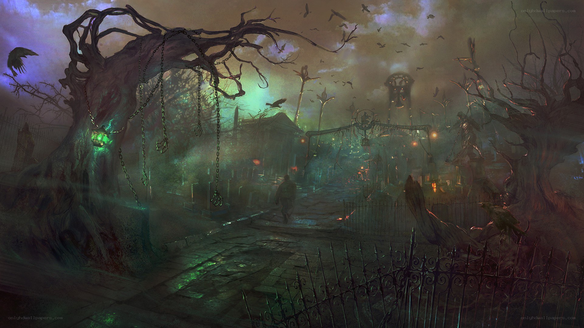 haunted graveyard at night