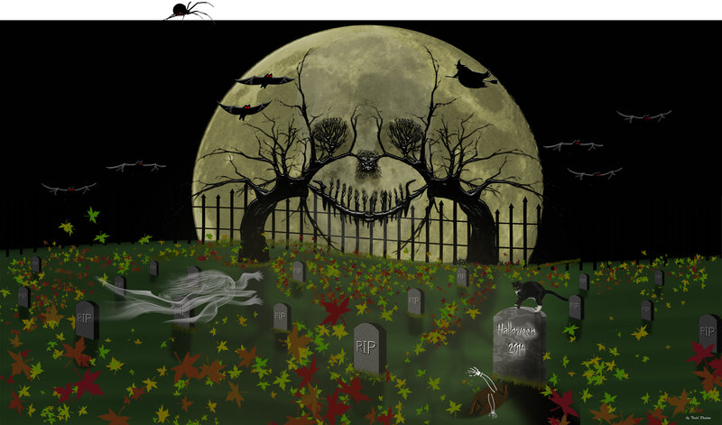 Haunted Graveyard Scene — Green, Creepy