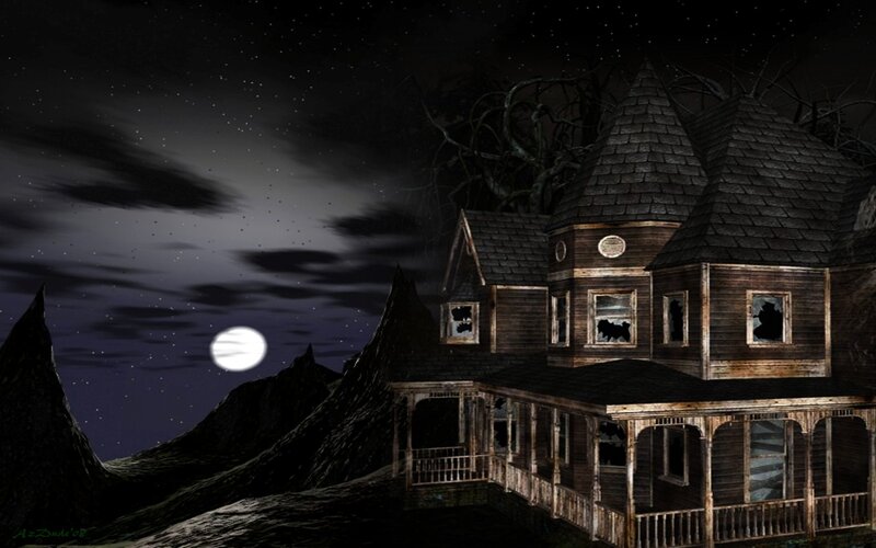 Haunted House at Night — Black, Creepy, Digital Art