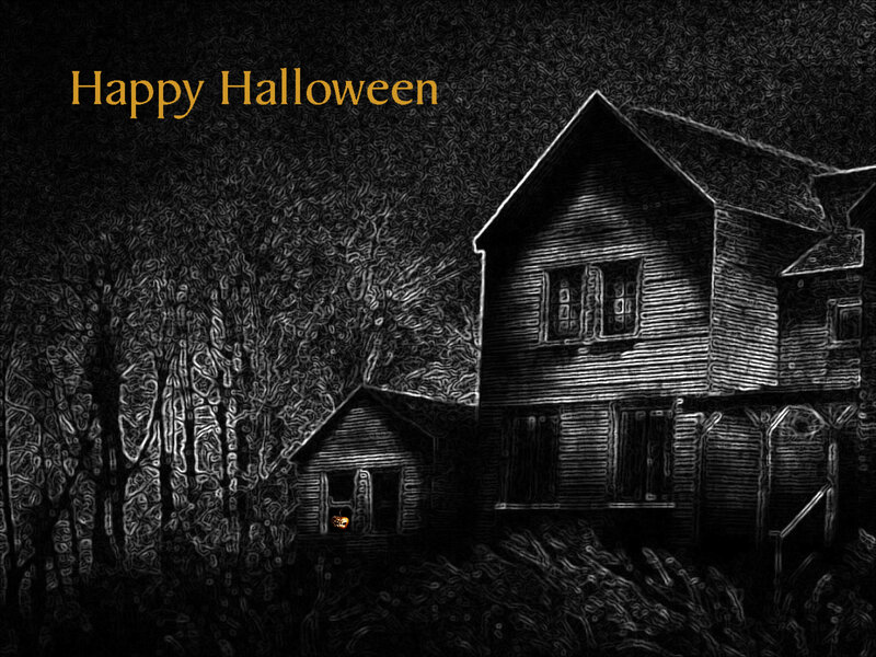 Haunted House at Night — Black, Creepy, Digital Art, Trees