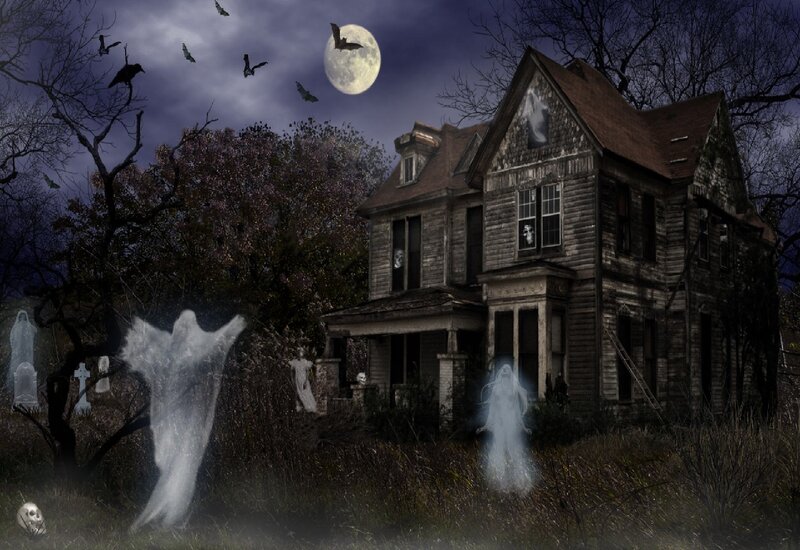 Haunted House at Night — Black, Dark, Digital Art, Ghosts, Bats