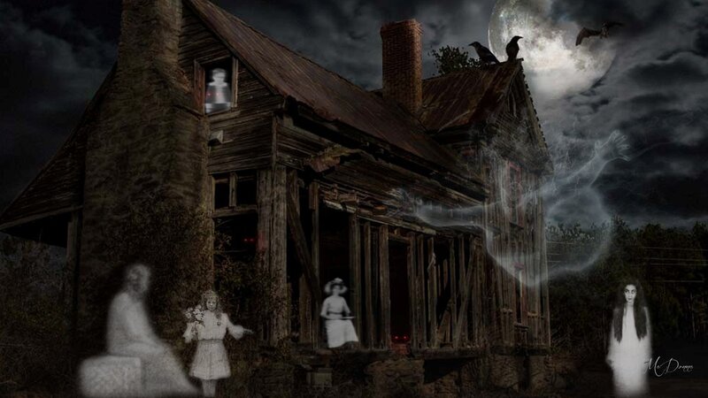 Haunted House at Night — Black, Dark, Digital Art, Ghosts, Crows