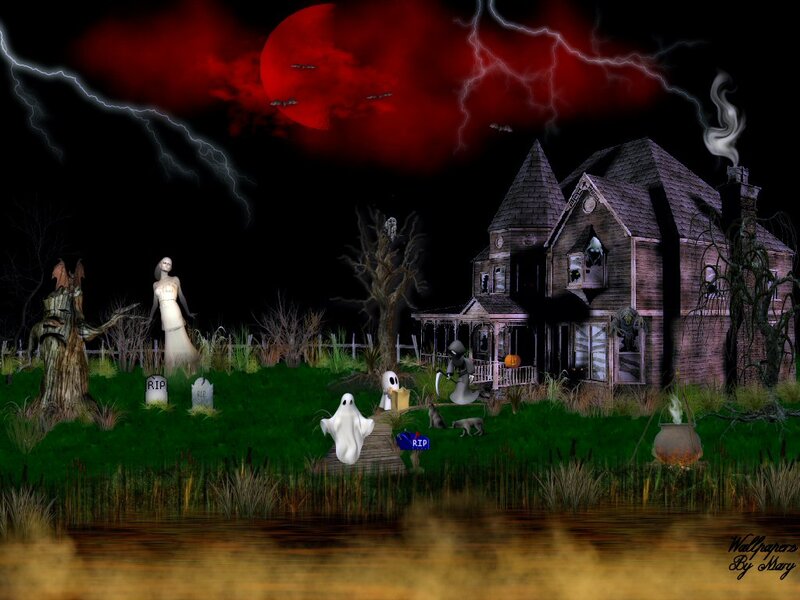 Haunted House at Night — Black, Dark, Digital Art, Ghosts