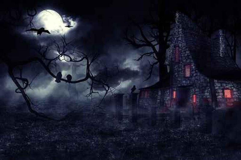 Haunted House at Night — Black, Dark, Digital Art, Moon, Crows