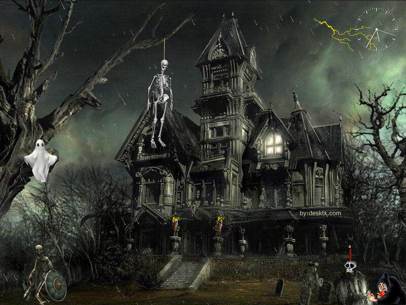 Haunted House at Night — Black, Dark, Digital Art, Skeleton