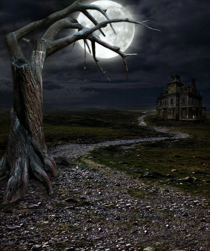 Haunted House at Night — Black, Dark, Digital Art, Tree, Moon