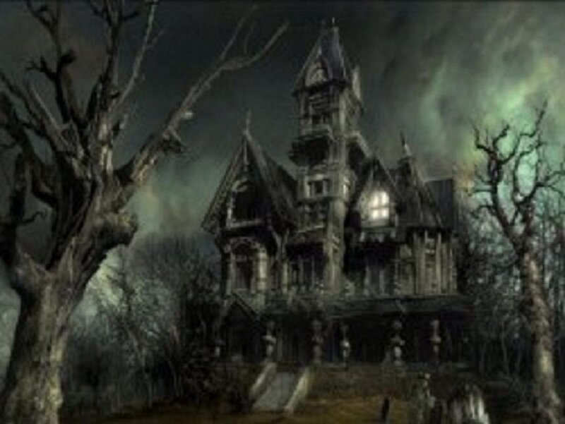 Haunted House at Night — Black, Dark, Digital Art, Trees, Towers