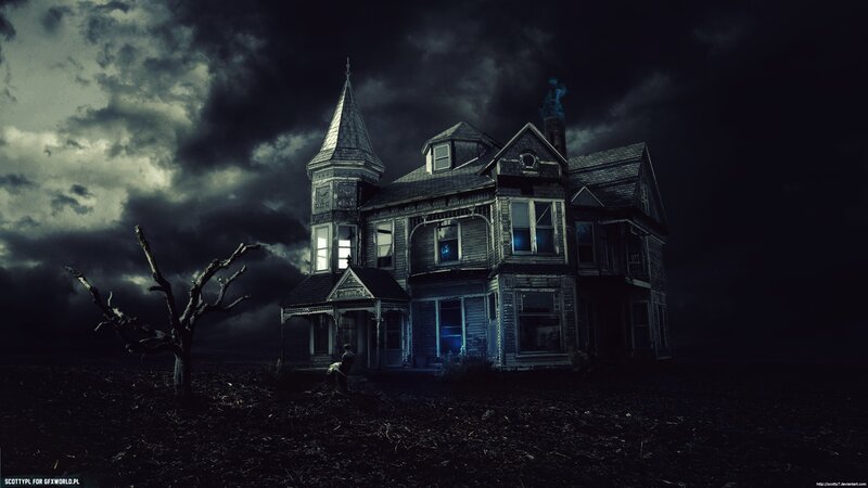 Haunted House at Night — Black, Dark, Eerie, Digital Art, Tree