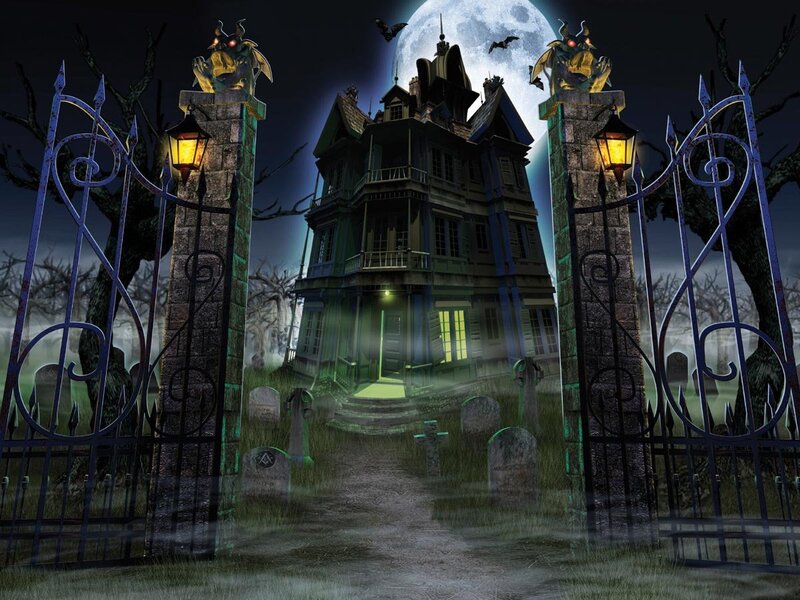 Haunted House at Night — Black, Eerie, Digital Art, Moon, Gates