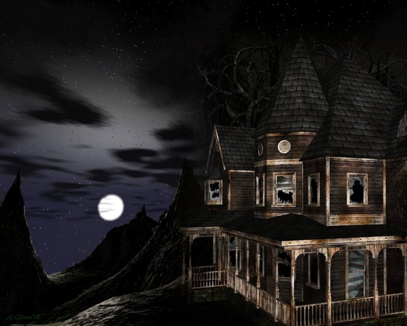 Haunted House at Night — Black, Eerie, Digital Art, Moon, Mountains